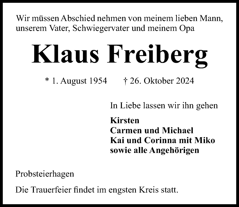  Traueranzeige für Klaus Freiberg vom 02.11.2024 aus Kieler Nachrichten