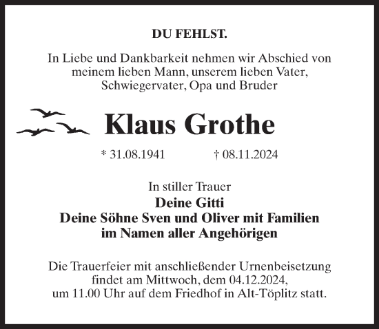 Traueranzeige von Klaus Grothe von Märkischen Allgemeine Zeitung