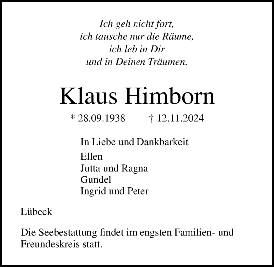 Traueranzeige von Klaus Himborn von Lübecker Nachrichten