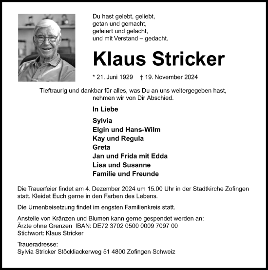 Traueranzeige von Klaus Stricker von Lübecker Nachrichten