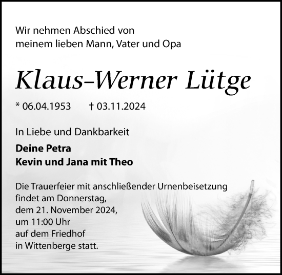 Traueranzeige von Klaus-Werner Lütge von Wochenspiegel