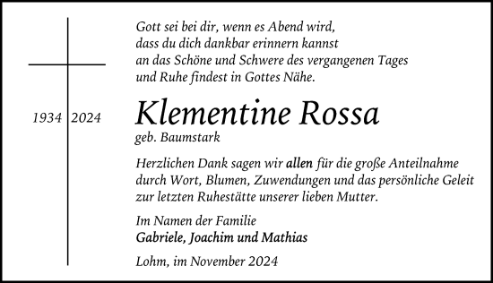 Traueranzeige von Klementine Rossa von Wochenspiegel