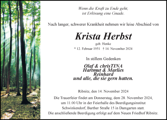 Traueranzeige von Krista Herbst von Ostsee-Zeitung GmbH