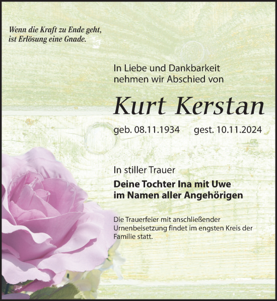 Traueranzeige von Kurt Kerstan von Leipziger Volkszeitung