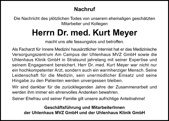 Traueranzeige von Kurt Meyer von Ostsee-Zeitung GmbH