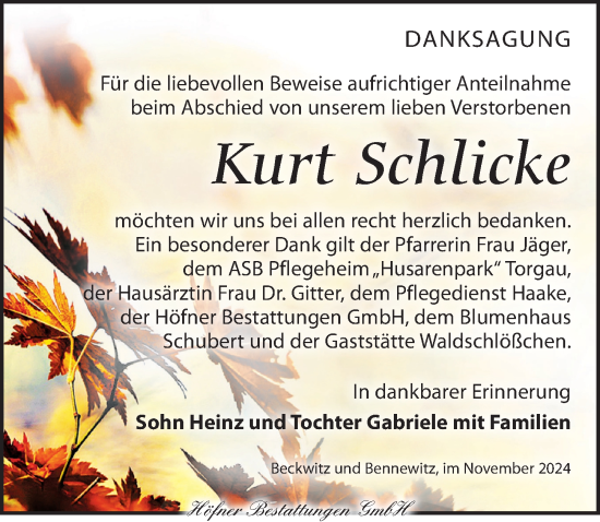 Traueranzeige von Kurt Schlicke von Torgauer Zeitung