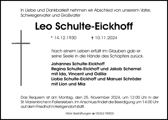 Traueranzeige von Leo Schulte-Eickhoff von Aller Zeitung