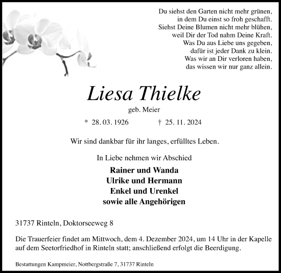 Traueranzeige von Liesa Thielke von Schaumburger Nachrichten und Schaumburger Zeitung/ Landes-Zeitung