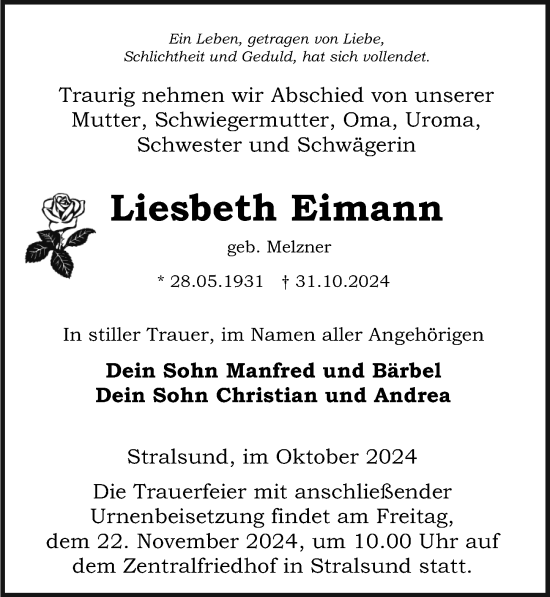 Traueranzeige von Liesbeth Eimann von Ostsee-Zeitung GmbH