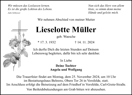 Traueranzeige von Lieselotte Müller von Aller Zeitung