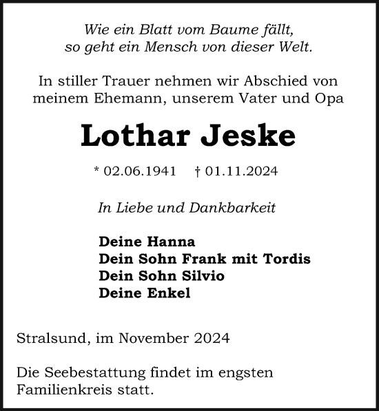 Traueranzeige von Lothar Jeske von Ostsee-Zeitung GmbH