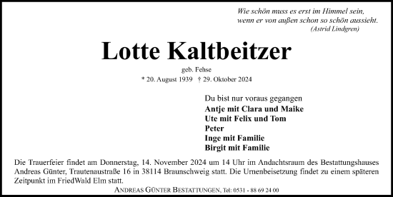 Traueranzeige von Lotte Kaltbeitzer von Aller Zeitung