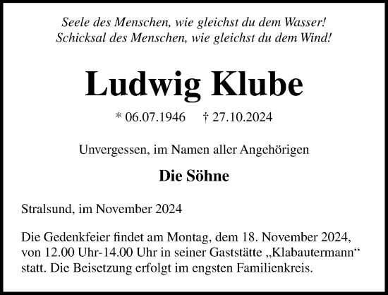 Traueranzeige von Ludwig Klube von Ostsee-Zeitung GmbH