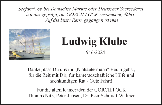 Traueranzeige von Ludwig Klube von Ostsee-Zeitung GmbH