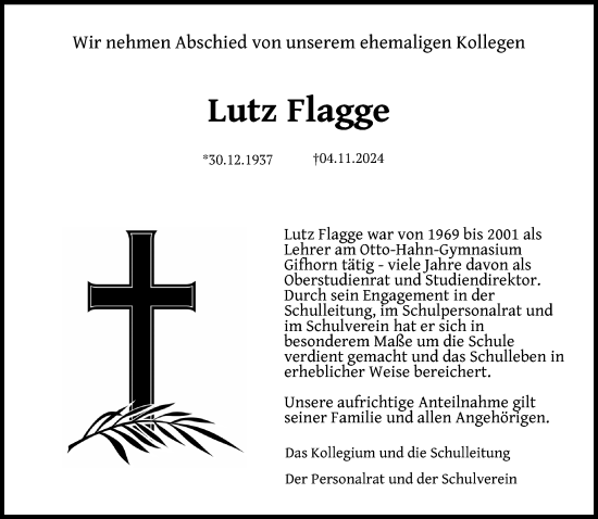 Traueranzeige von Lutz Flagge von Aller Zeitung