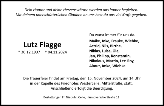 Traueranzeige von Lutz Flagge von Aller Zeitung