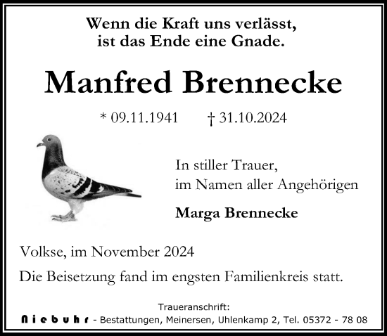 Traueranzeige von Manfred Brennecke von Aller Zeitung