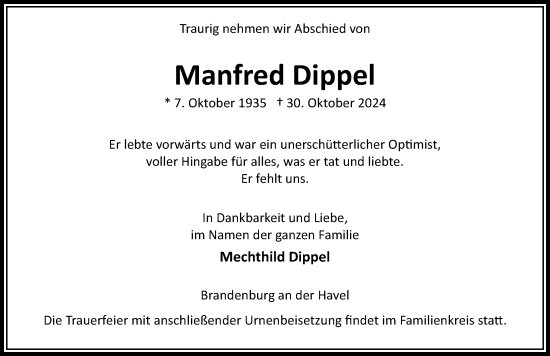 Traueranzeige von Manfred Dippel von Märkischen Allgemeine Zeitung