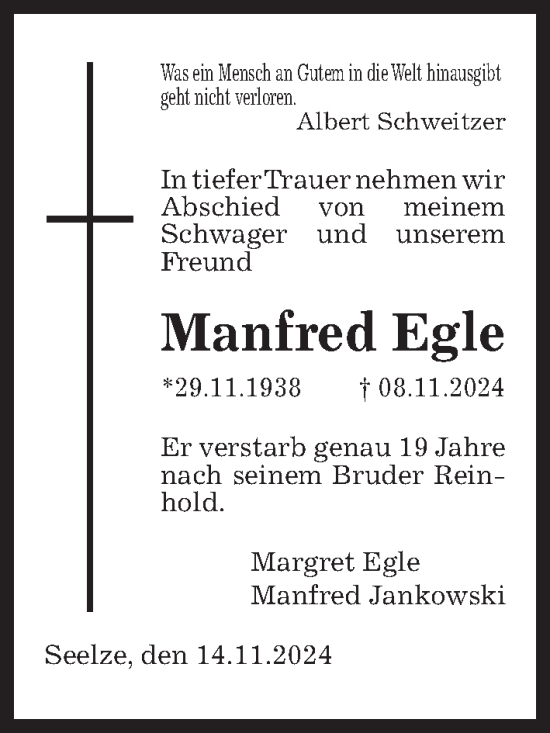 Traueranzeige von Manfred Egle von Hannoversche Allgemeine Zeitung/Neue Presse