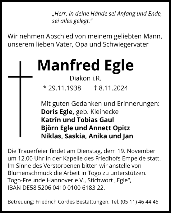 Traueranzeige von Manfred Egle von Hannoversche Allgemeine Zeitung/Neue Presse