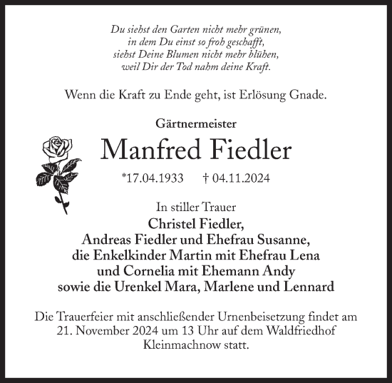 Traueranzeige von Manfred Fiedler von Märkischen Allgemeine Zeitung