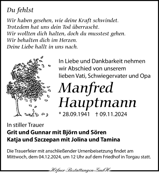 Traueranzeige von Manfred Hauptmann von Torgauer Zeitung