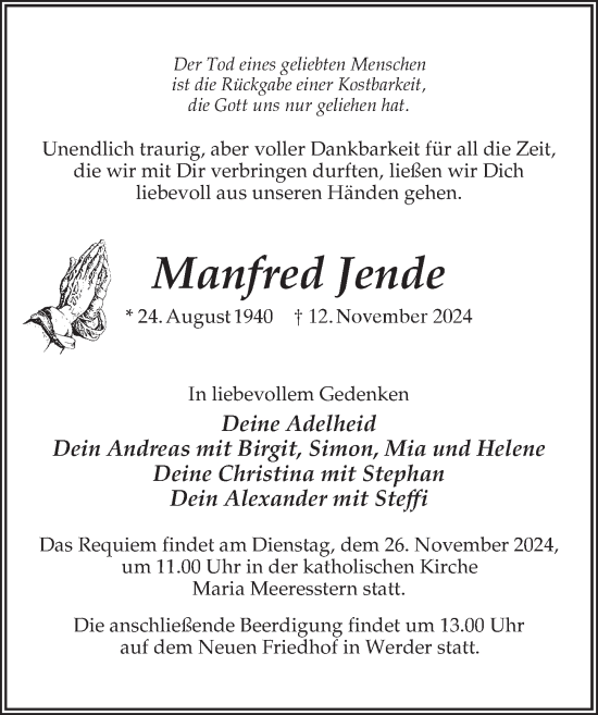 Traueranzeige von Manfred Jende von Märkischen Allgemeine Zeitung