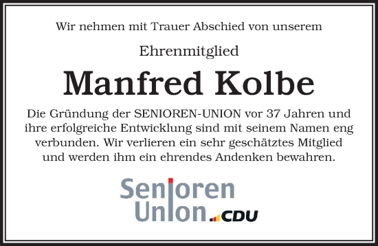 Traueranzeige von Manfred Kolbe von Aller Zeitung