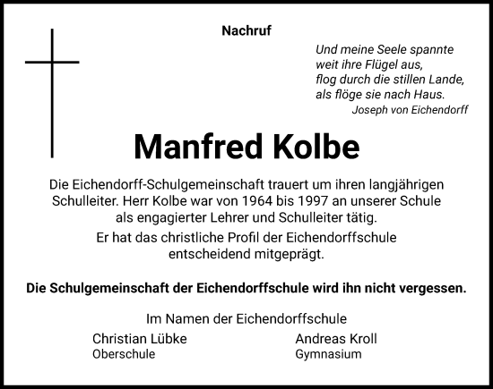 Traueranzeige von Manfred Kolbe von Aller Zeitung