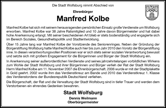 Traueranzeige von Manfred Kolbe von Aller Zeitung