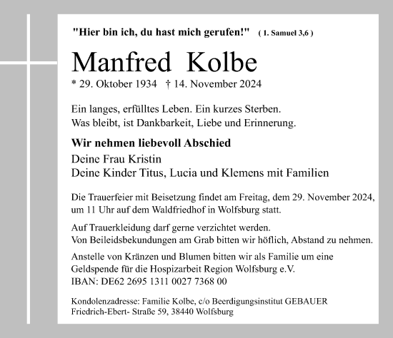 Traueranzeige von Manfred Kolbe von Aller Zeitung