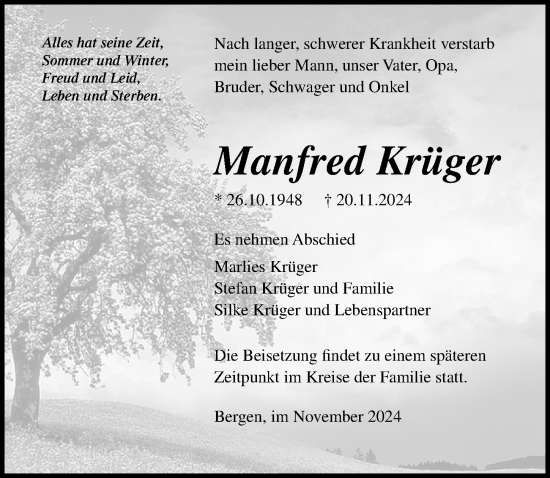 Traueranzeige von Manfred Krüger von Ostsee-Zeitung GmbH