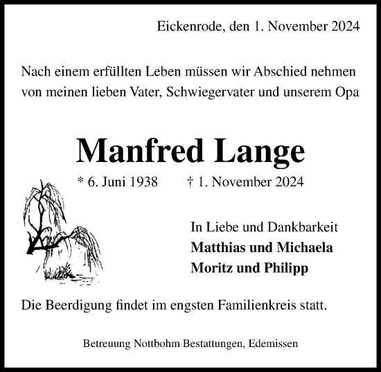 Traueranzeige von Manfred Lange von Peiner Allgemeine Zeitung