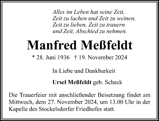 Traueranzeige von Manfred Meßfeldt von Lübecker Nachrichten