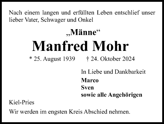 Traueranzeige von Manfred Mohr von Kieler Nachrichten