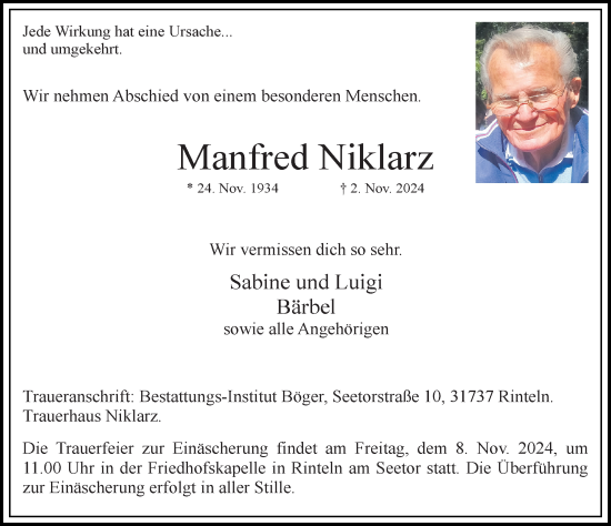 Traueranzeige von Manfred Niklarz von Schaumburger Nachrichten und Schaumburger Zeitung/ Landes-Zeitung