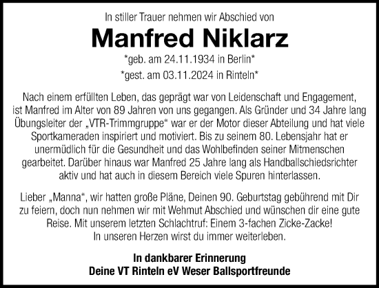 Traueranzeige von Manfred Niklarz von Schaumburger Nachrichten und Schaumburger Zeitung/ Landes-Zeitung