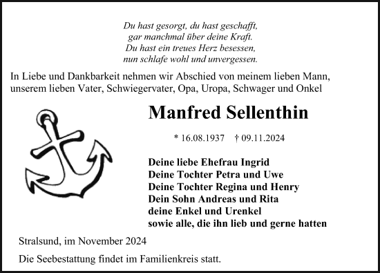 Traueranzeige von Manfred Sellenthin von Ostsee-Zeitung GmbH