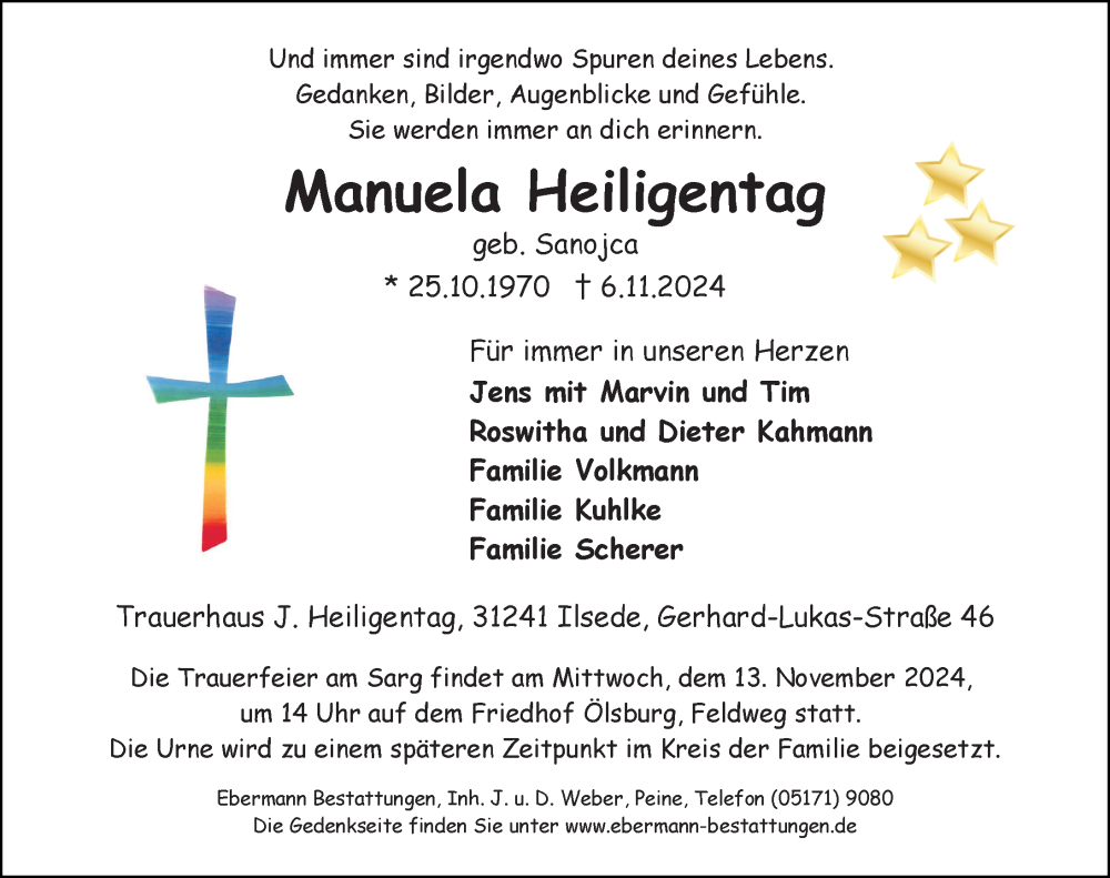  Traueranzeige für Manuela Heiligentag vom 09.11.2024 aus Peiner Allgemeine Zeitung