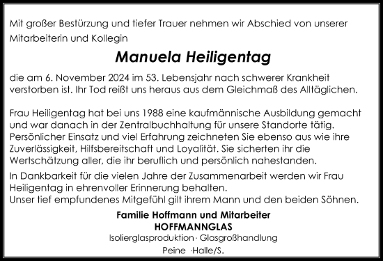 Traueranzeige von Manuela Heiligentag von Peiner Allgemeine Zeitung