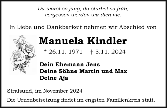 Traueranzeige von Manuela Kindler von Ostsee-Zeitung GmbH