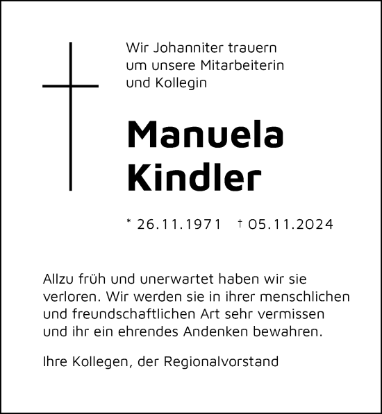 Traueranzeige von Manuela Kindler von Ostsee-Zeitung GmbH