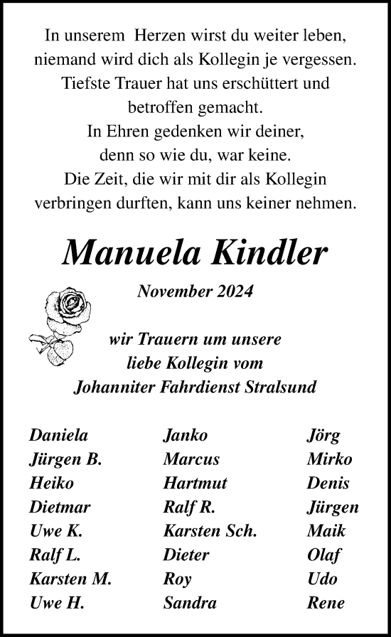 Traueranzeige von Manuela Kindler von Ostsee-Zeitung GmbH