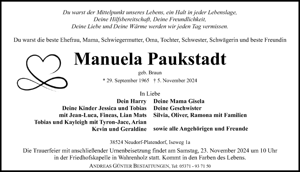  Traueranzeige für Manuela Paukstadt vom 16.11.2024 aus Aller Zeitung