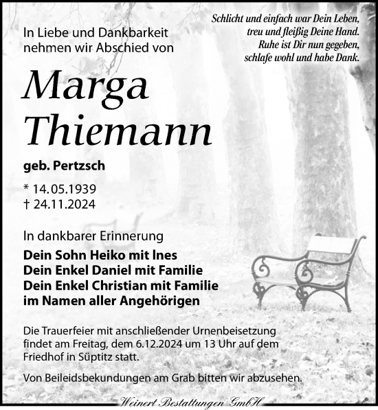 Traueranzeige von Marga Thiemann von Torgauer Zeitung