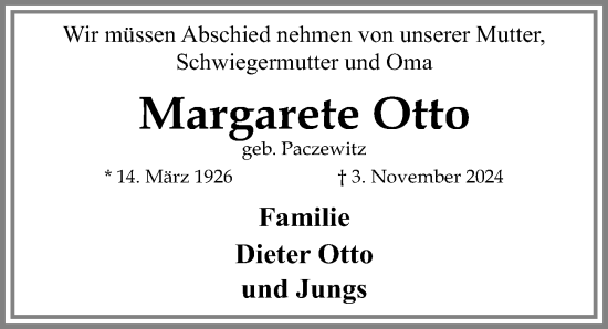 Traueranzeige von Margarete Otto von Lübecker Nachrichten