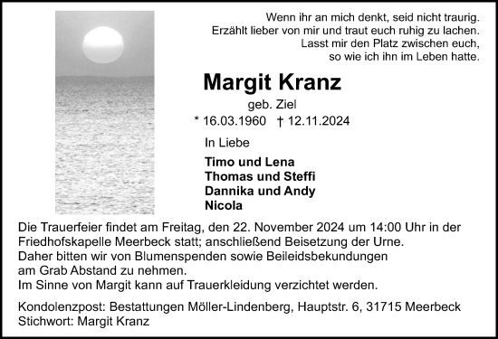 Traueranzeige von Margit Kranz von Schaumburger Nachrichten