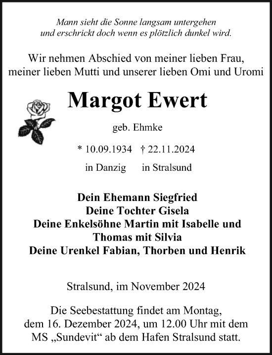 Traueranzeige von Margot Ewert von Ostsee-Zeitung GmbH