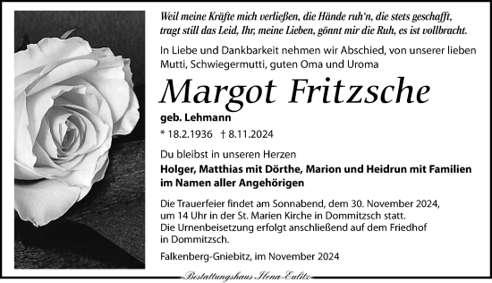 Traueranzeige von Margot Fritzsche von Torgauer Zeitung