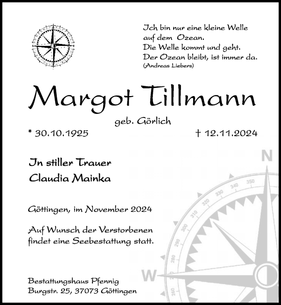 Traueranzeige von Margot Tillmann von Göttinger Tageblatt